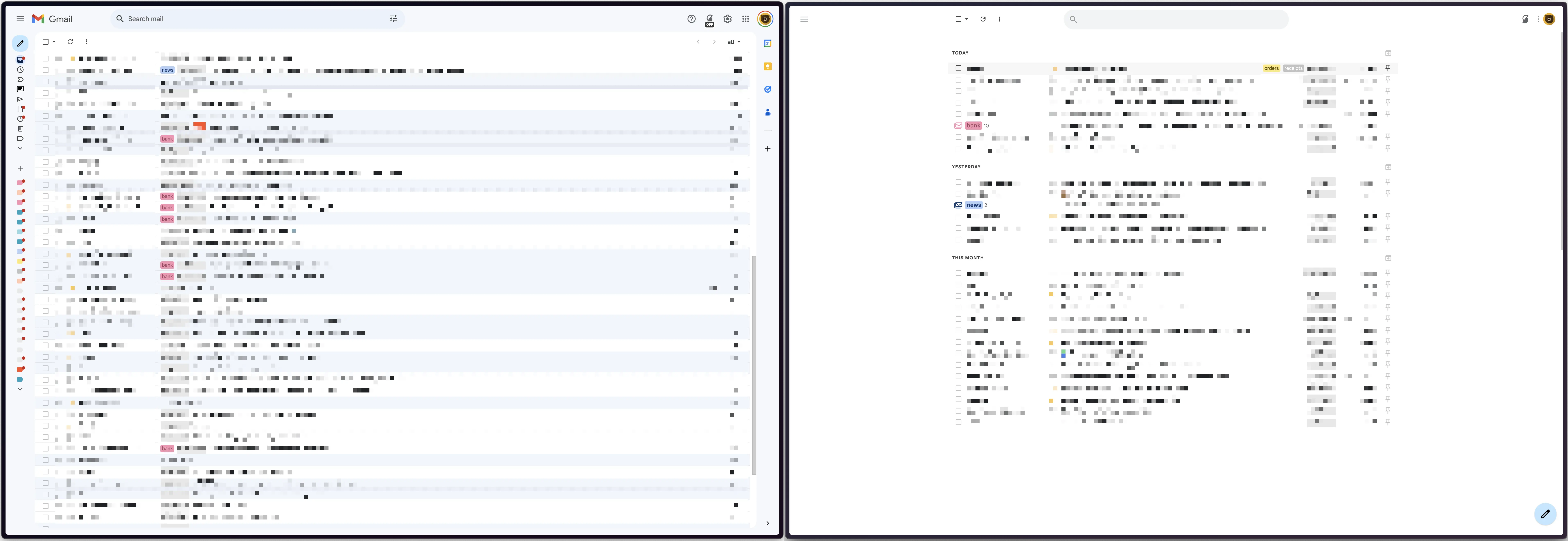 my gmail inbox for 3 days with and without the simplified plugin