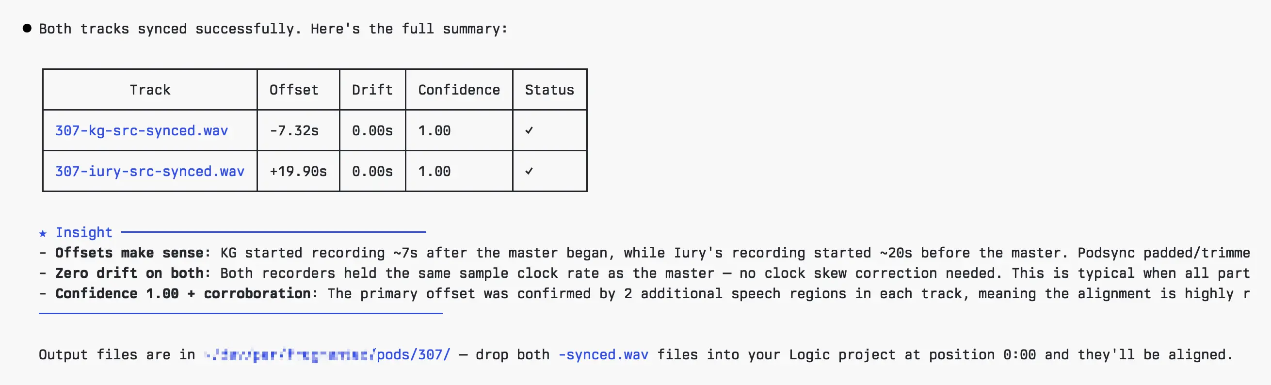 Podsync output showing both tracks synced at confidence 1.00 with zero drift