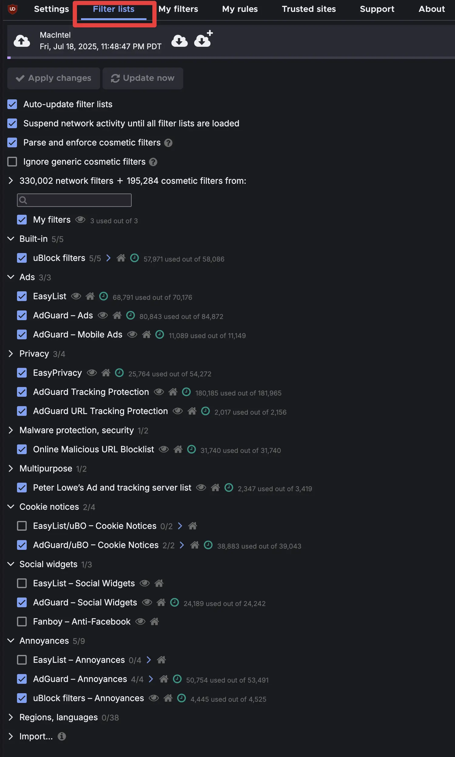 uBO filters to enable