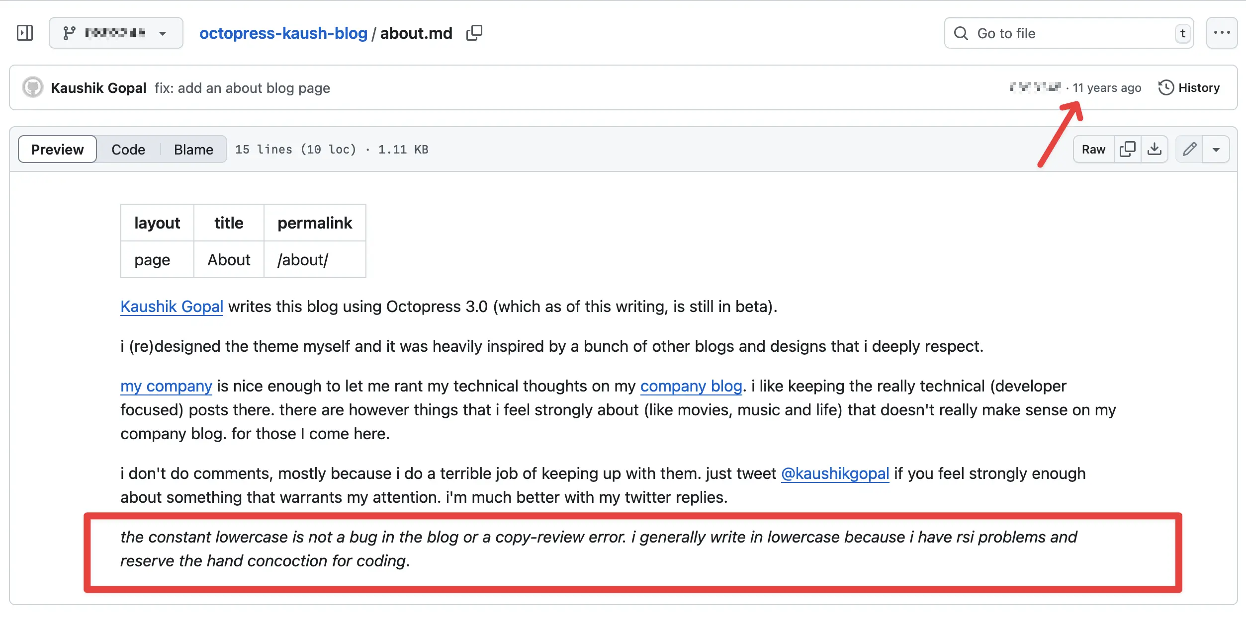 git history of an old version of my blog 11 years ago showing my about page as saying i prefer using lowercase