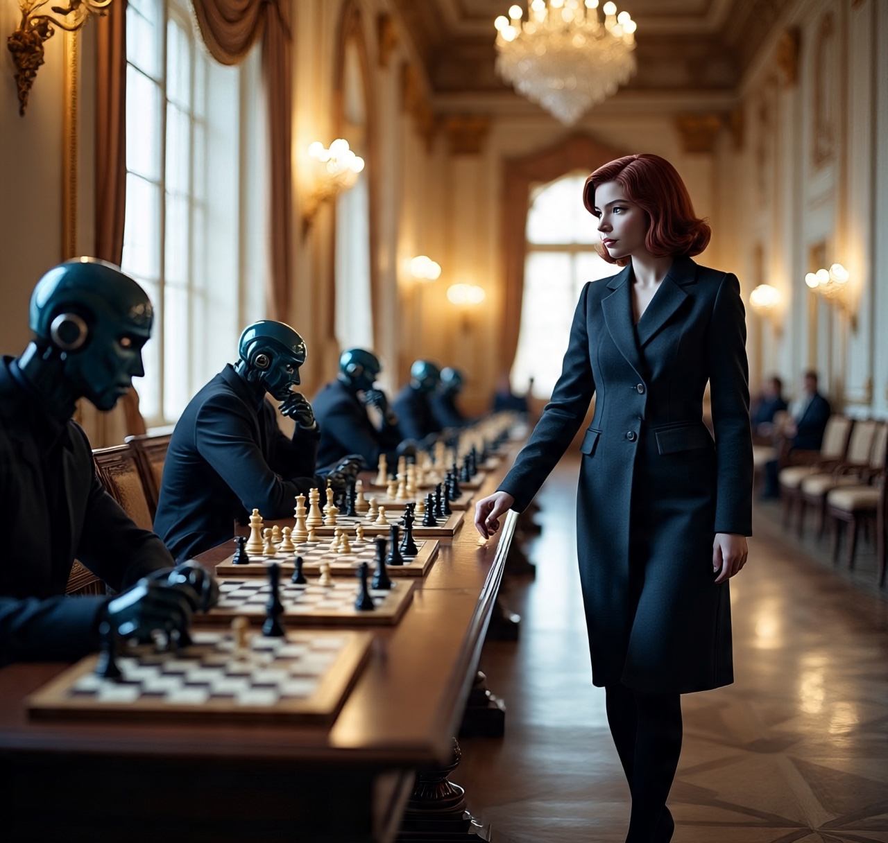 Chess prodigy playing simul chess with robot agents